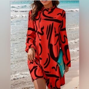 Passion of Essence Red Black Abstract Long Sleeve Dress NWT Medium
